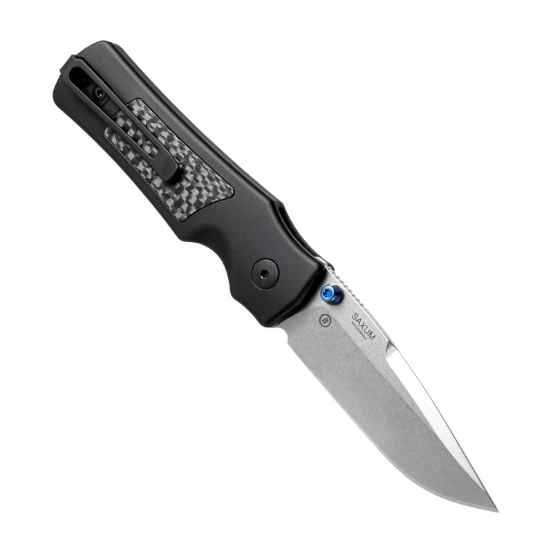 Hogue Saxum Button Lock Knife | MagnaMax Blade w/ Aluminum Handle & Carbon Fiber Inlays
