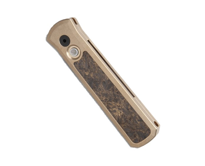 Protech Godson Custom Bronze w/ Fat Carbon Dark Matter Gold inlay Black Pearl Button Auto Folding Knife