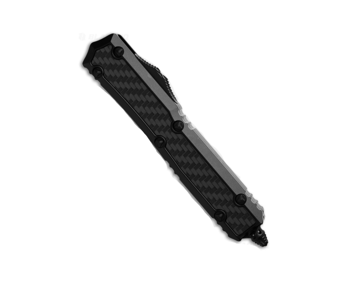 Microtech Makora D/E Tactical Full Serrated Nickel Baron Internals CF Inlay Out the Front Knife