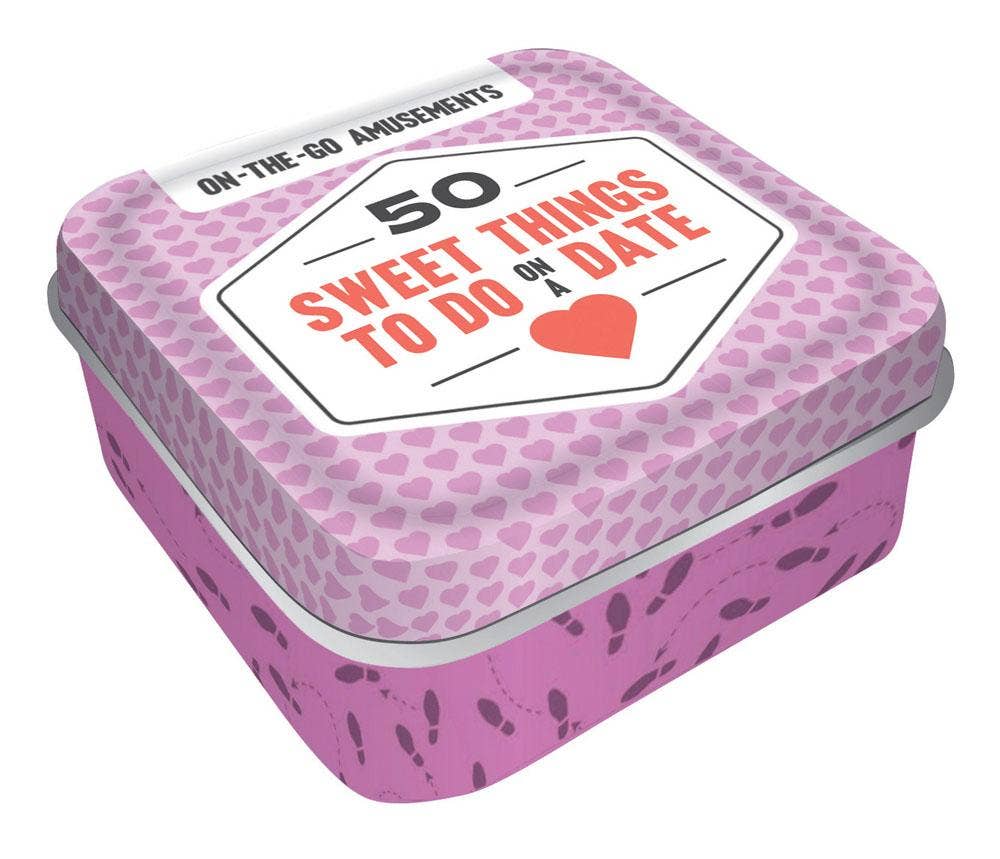 Pink tin box with heart patterns and text '50 Sweet Things to Do on a Date' on a white background