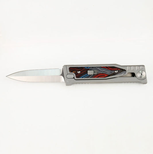 Reate EXO-M Damascus Red White Blue Handle Design Double Edge Satin Finish Gravity Knife