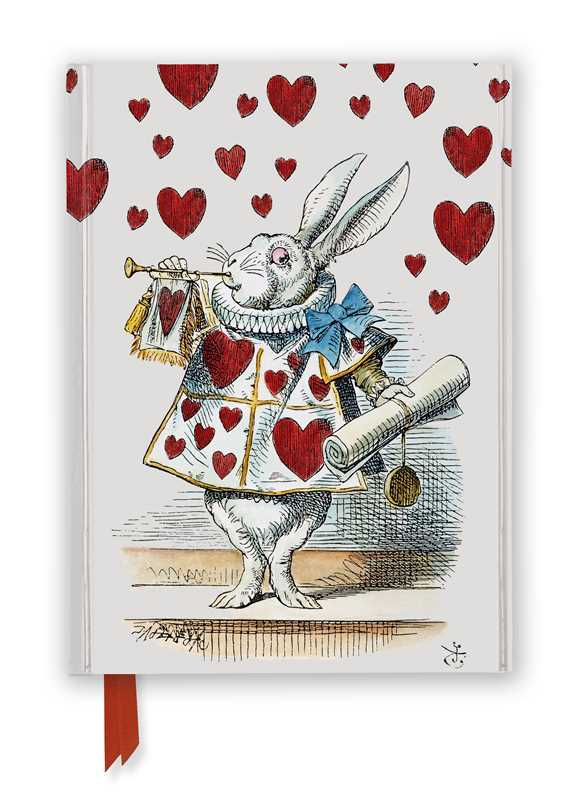 Alice in Wonderland Notebook cover with a rabbit illustration holding a heart and a trumpet, surrounded by red hearts on a white background.