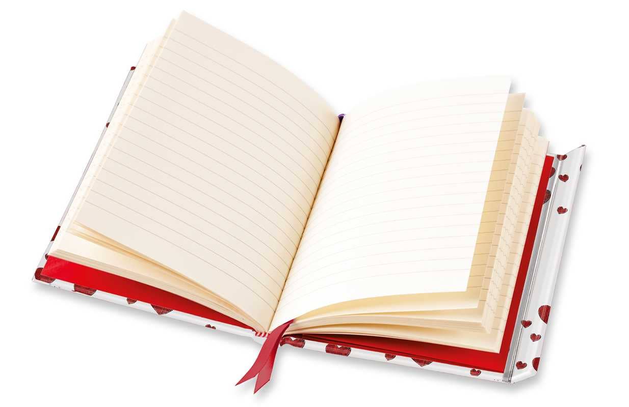 Open notebook with white lined pages and heart patterns on a white background