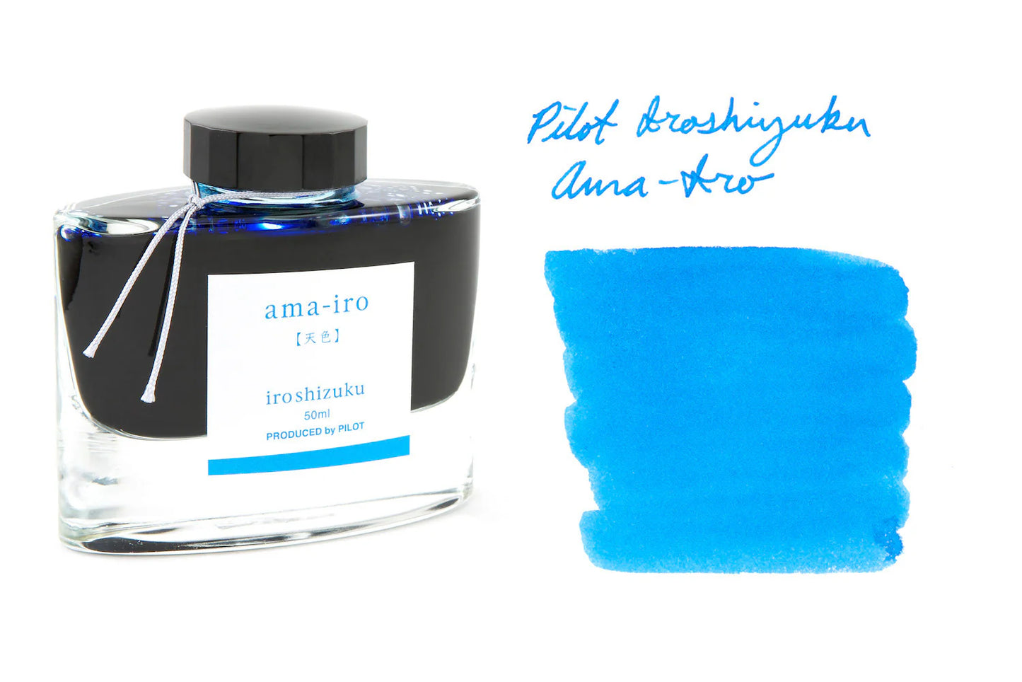 Ink bottle with blue ink swatch labeled 'Pilot Iroshizuku Ama-iro' on a white background