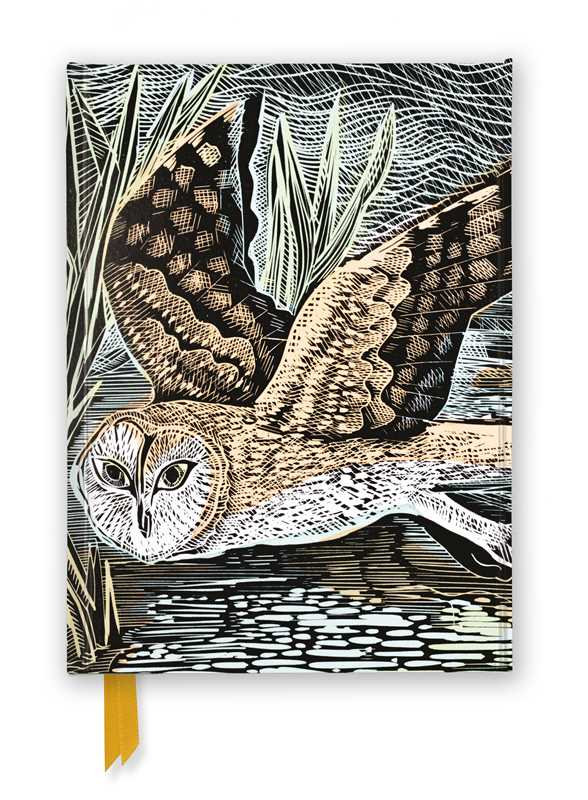  Angela Harding: Marsh Owl (Foiled Journal) Notebook cover with an illustration of an owl and feathers on a white background