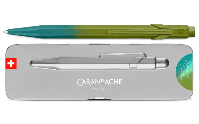 Caran d'Ache Arctic Green and Grey pen with a gradient design and its packaging on a black background