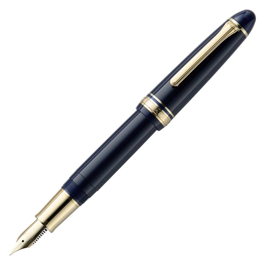 Blue fountain pen with gold accents on a white background
