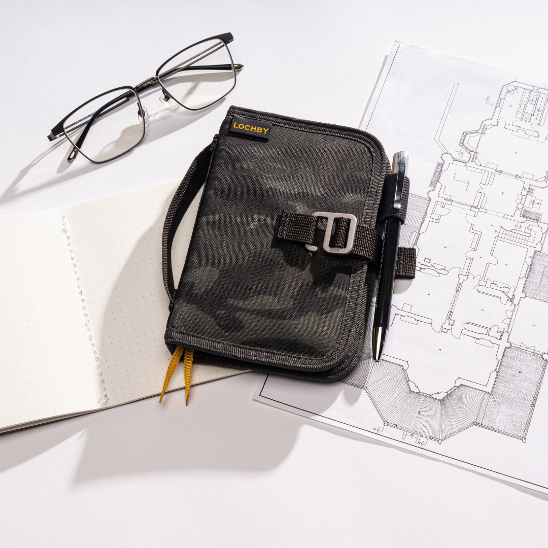 Camouflage pouch with 'Lochley' branding on a white surface with glasses and a pen.