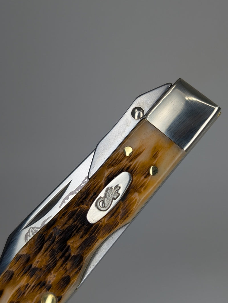 Case Knives Amber Bone Peach Seed Jig Cheetah Cub Back Lock Folding Knife