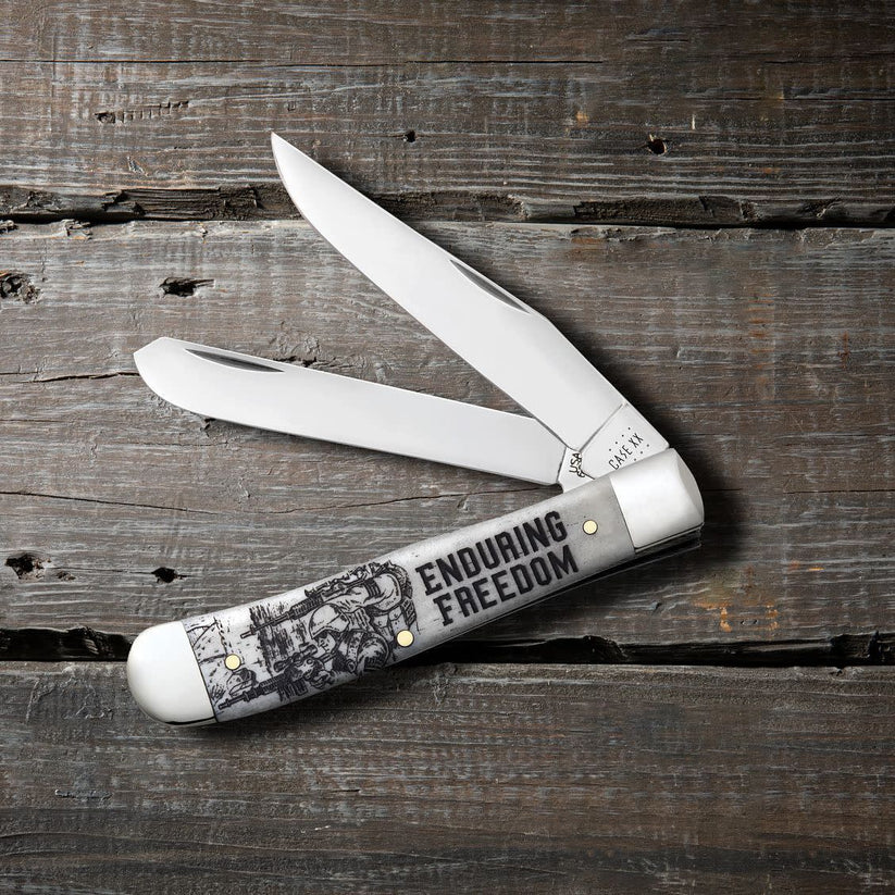 Case Knives War Series Enduring Freedom Natural Bone Smooth Trapper Pocket Knife