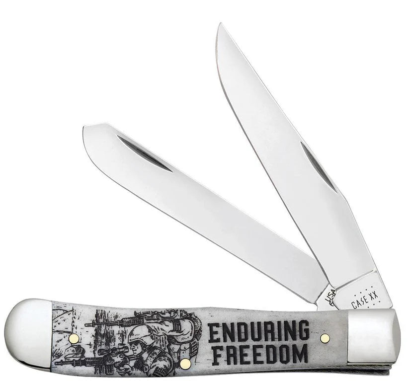 Case Knives War Series Enduring Freedom Natural Bone Smooth Trapper Pocket Knife