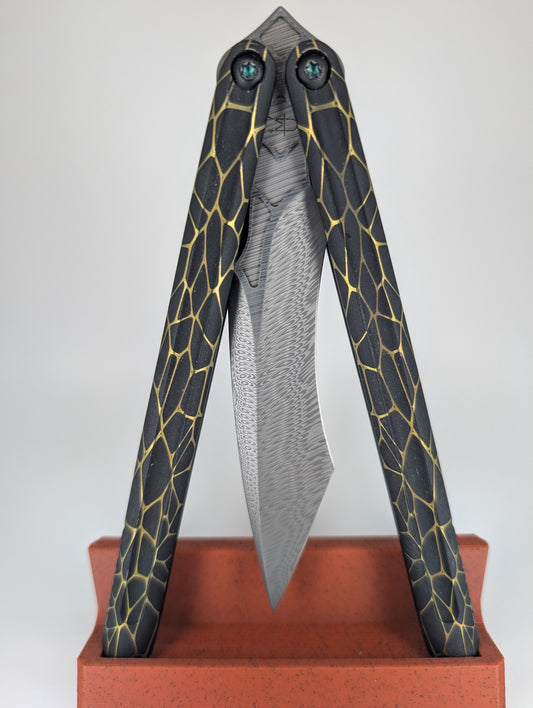 *Consignment* Ceroni Knives Damasteel Scorpion Blade Pinless Gold Web Ti Live Blade Balisong