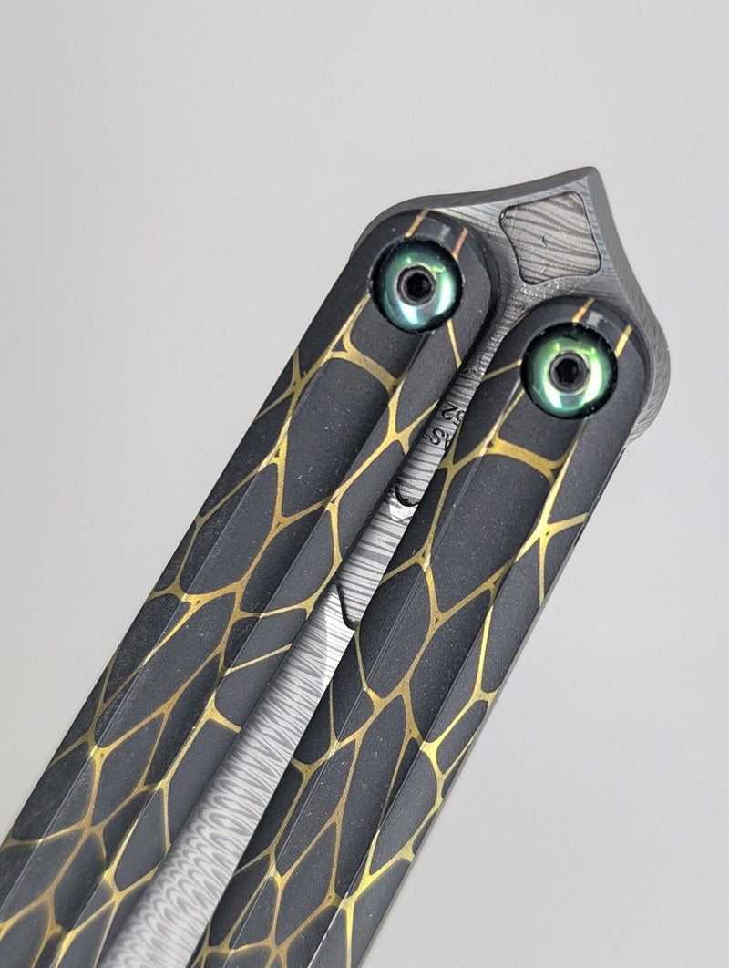*Consignment* Ceroni Knives Damasteel Scorpion Blade Pinless Gold Web Ti Live Blade Balisong
