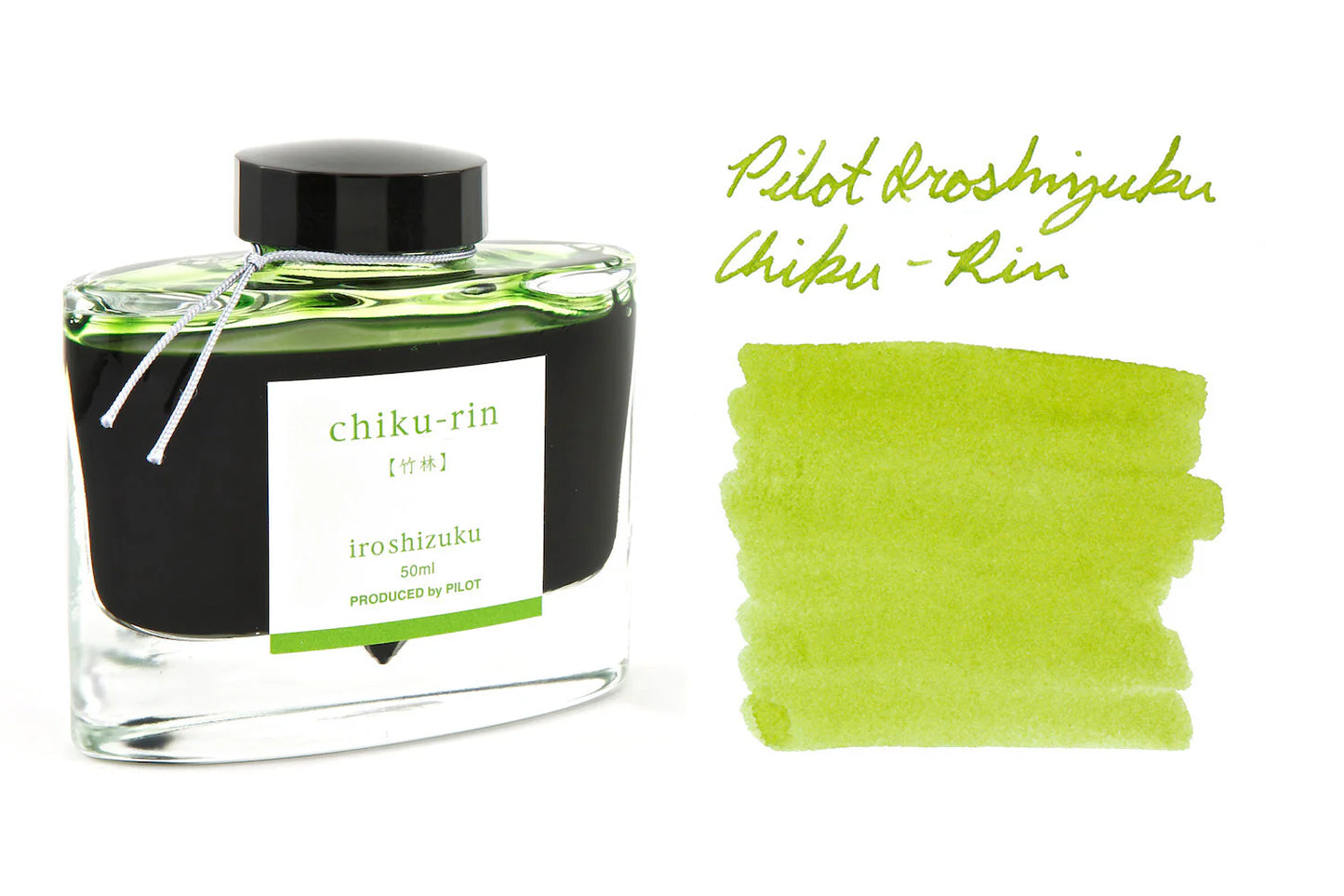 Pilot Iroshizuku Chiku-Rin ink bottle with a swatch of green ink on a white background