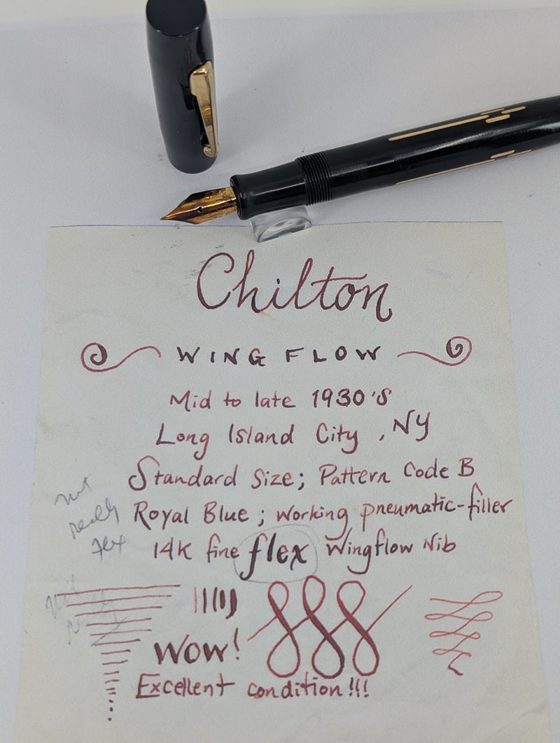 *Consignment* Chilton Wingflow Black / Gold Vintage Fountain Pen 14k Fine Flex Nib 1935