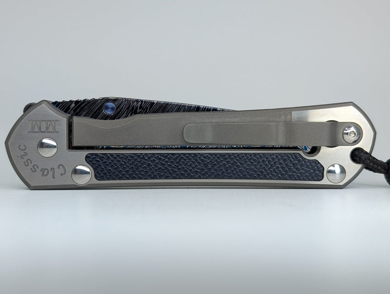 *Consignment* Chris Reeve Large Sebenza Classic 2000 Blue Calfskin Inlay w/ Blued Damascus Firestorm Framelock Folding Knife