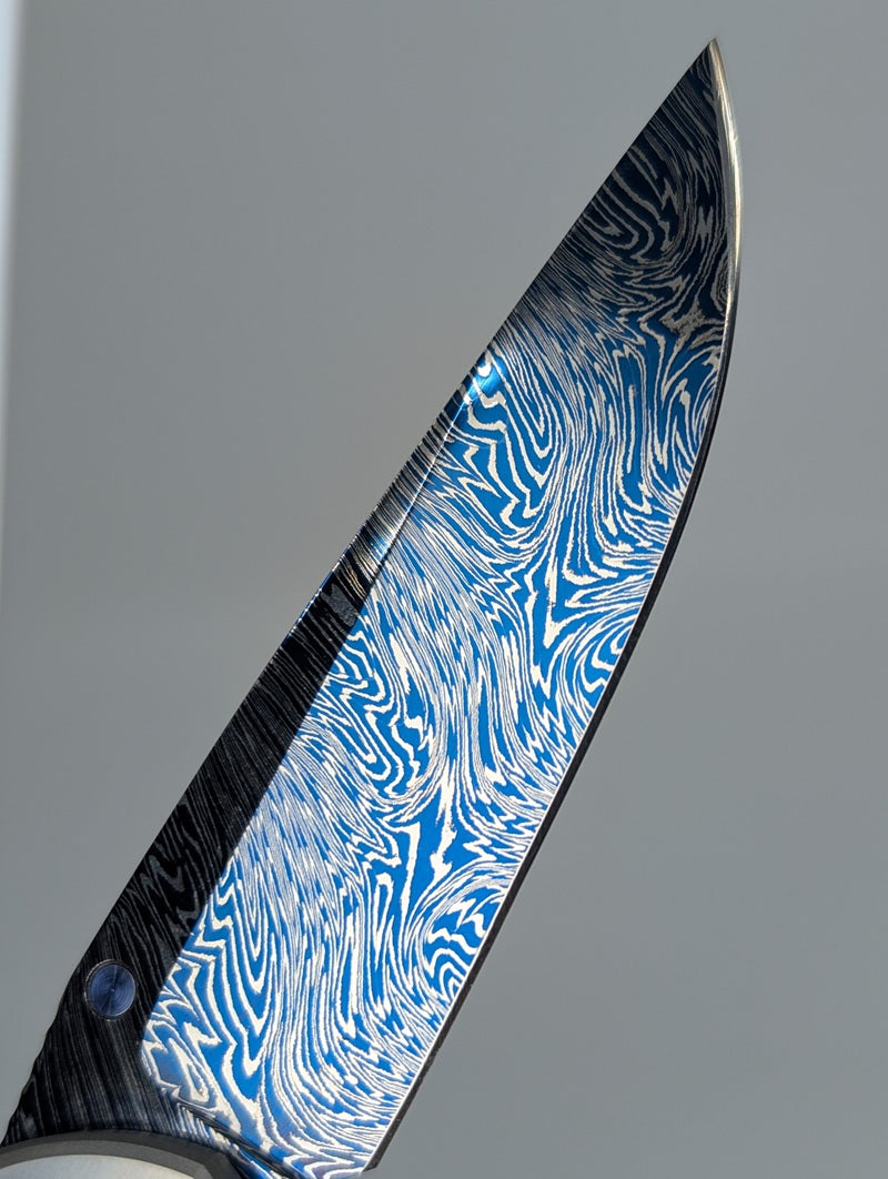 *Consignment* Chris Reeve Large Sebenza Classic 2000 Blue Calfskin Inlay w/ Blued Damascus Firestorm Framelock Folding Knife