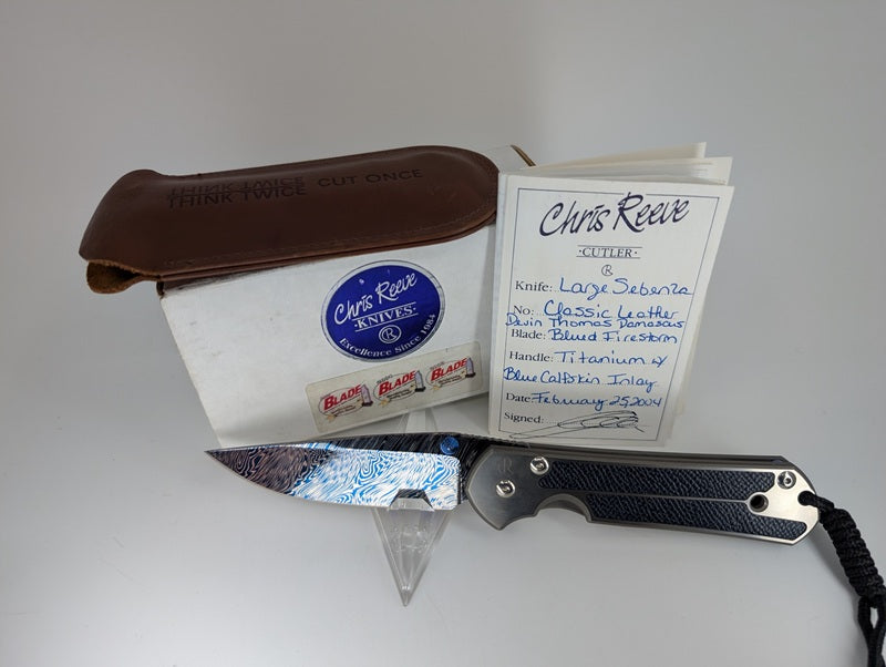 *Consignment* Chris Reeve Large Sebenza Classic 2000 Blue Calfskin Inlay w/ Blued Damascus Firestorm Framelock Folding Knife