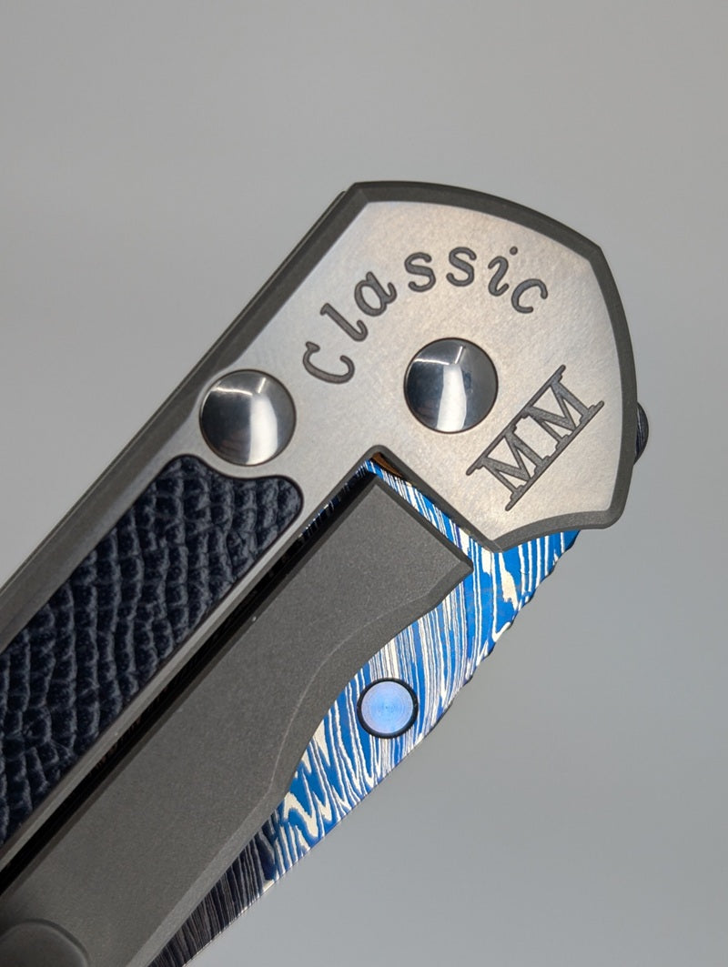 *Consignment* Chris Reeve Large Sebenza Classic 2000 Blue Calfskin Inlay w/ Blued Damascus Firestorm Framelock Folding Knife