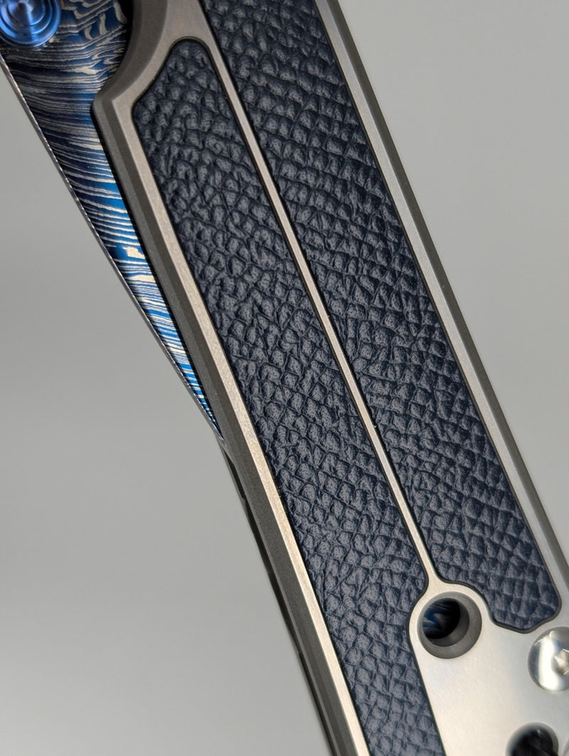 *Consignment* Chris Reeve Large Sebenza Classic 2000 Blue Calfskin Inlay w/ Blued Damascus Firestorm Framelock Folding Knife