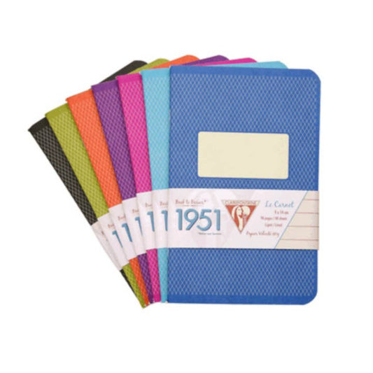 Set of colorful notebooks with a visible  Clairefontain brand logo on a white background