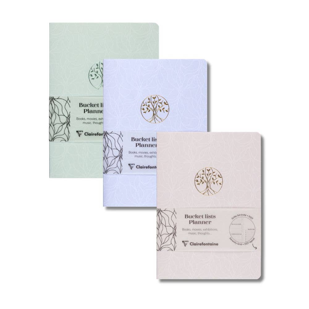 Three Clairefontaine Bucket Lists Planner notebooks in pastel shades of sage green, light lavender, and blush pink, arranged in a staggered stack on a white background.