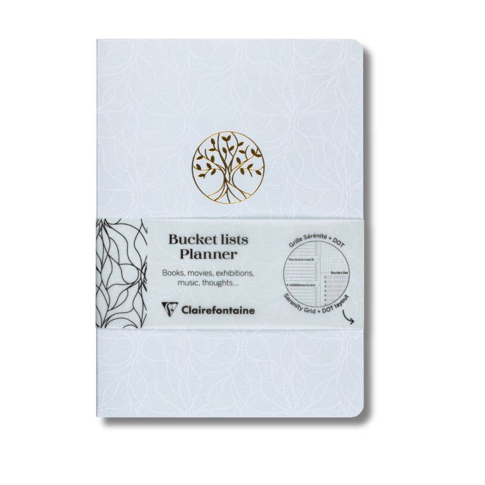 A Clairefontaine Bucket Lists Planner notebook with a white textured cover, featuring a gold tree logo and a white paper band around the middle with black text and line drawings.