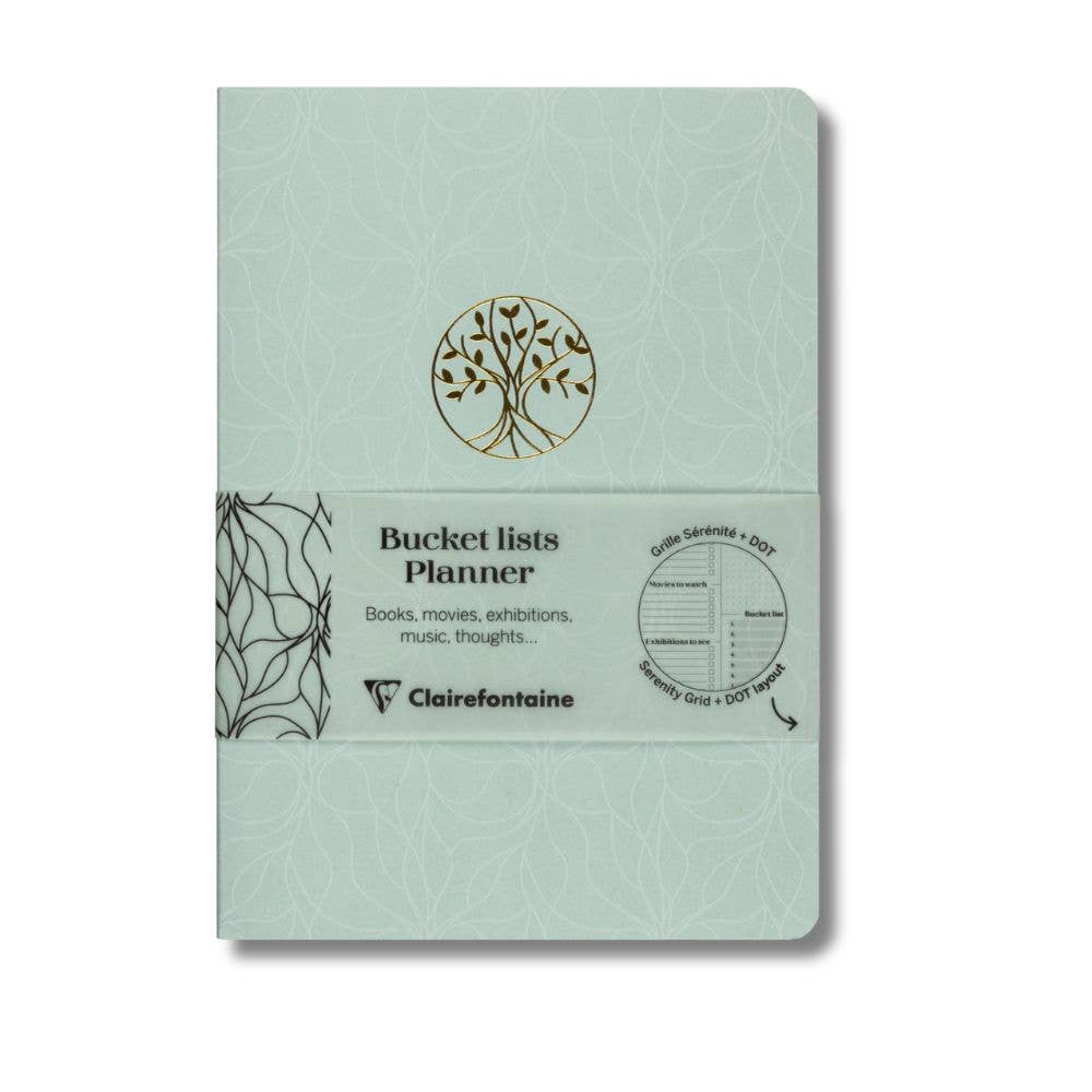 A Clairefontaine Bucket Lists Planner notebook in a pale mint green color with a gold tree logo and a white paper band around the middle.