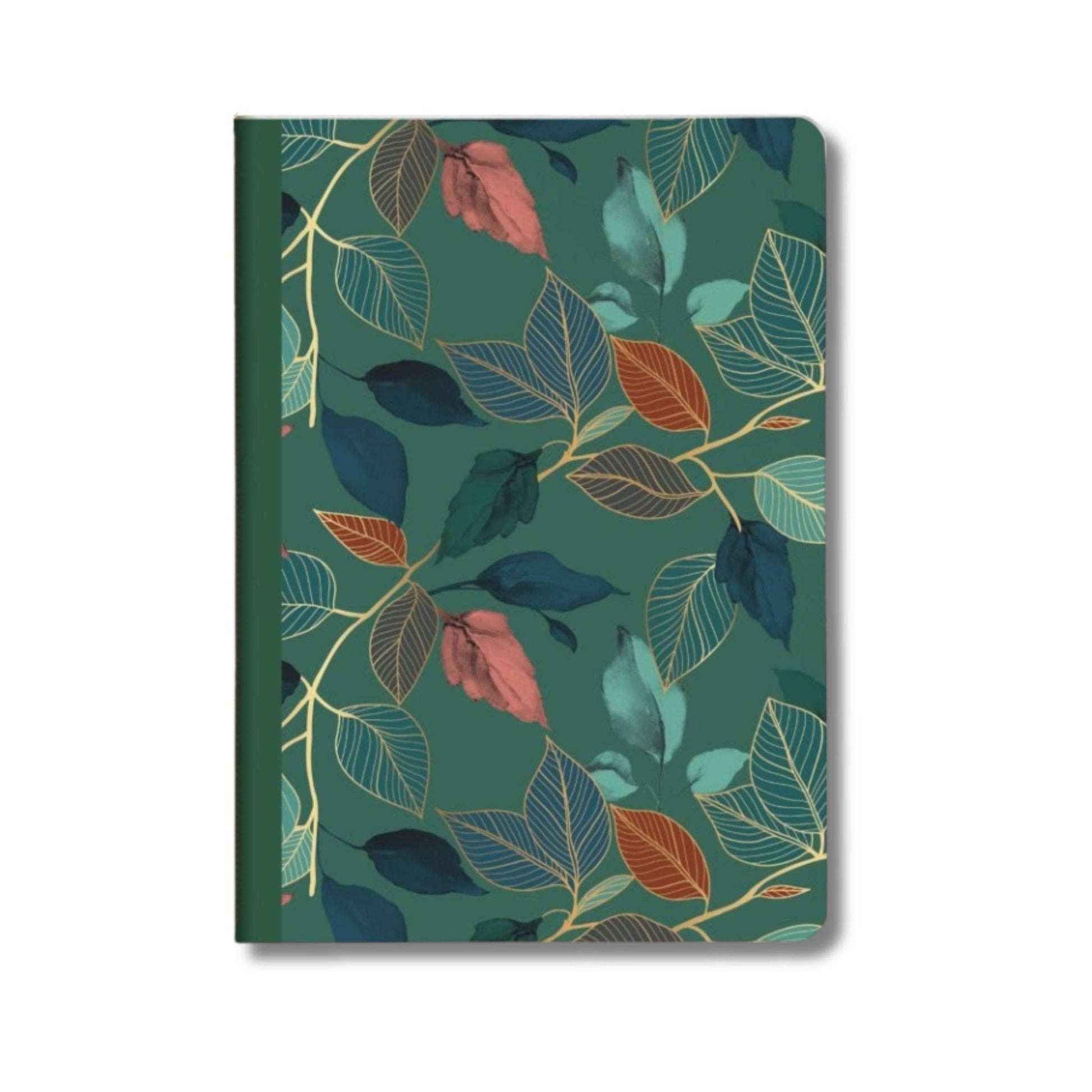 Notebook with a colorful leaf pattern on a green background