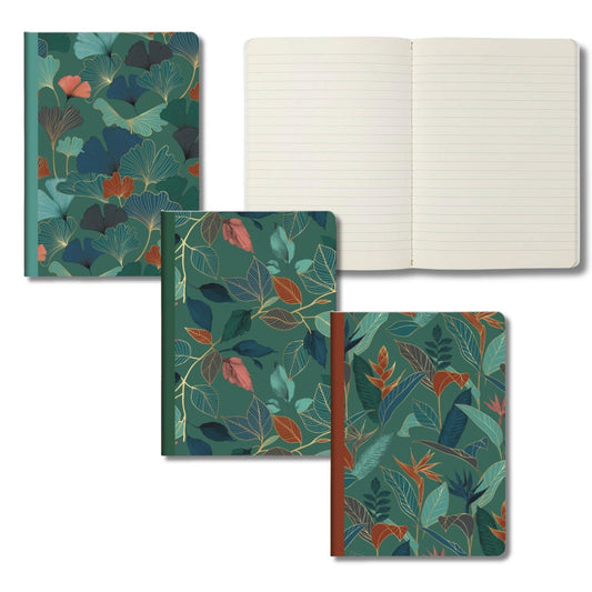 Clairefontaine "Gaia Blue" Ginkgo Notebook Set with floral patterns on a white background