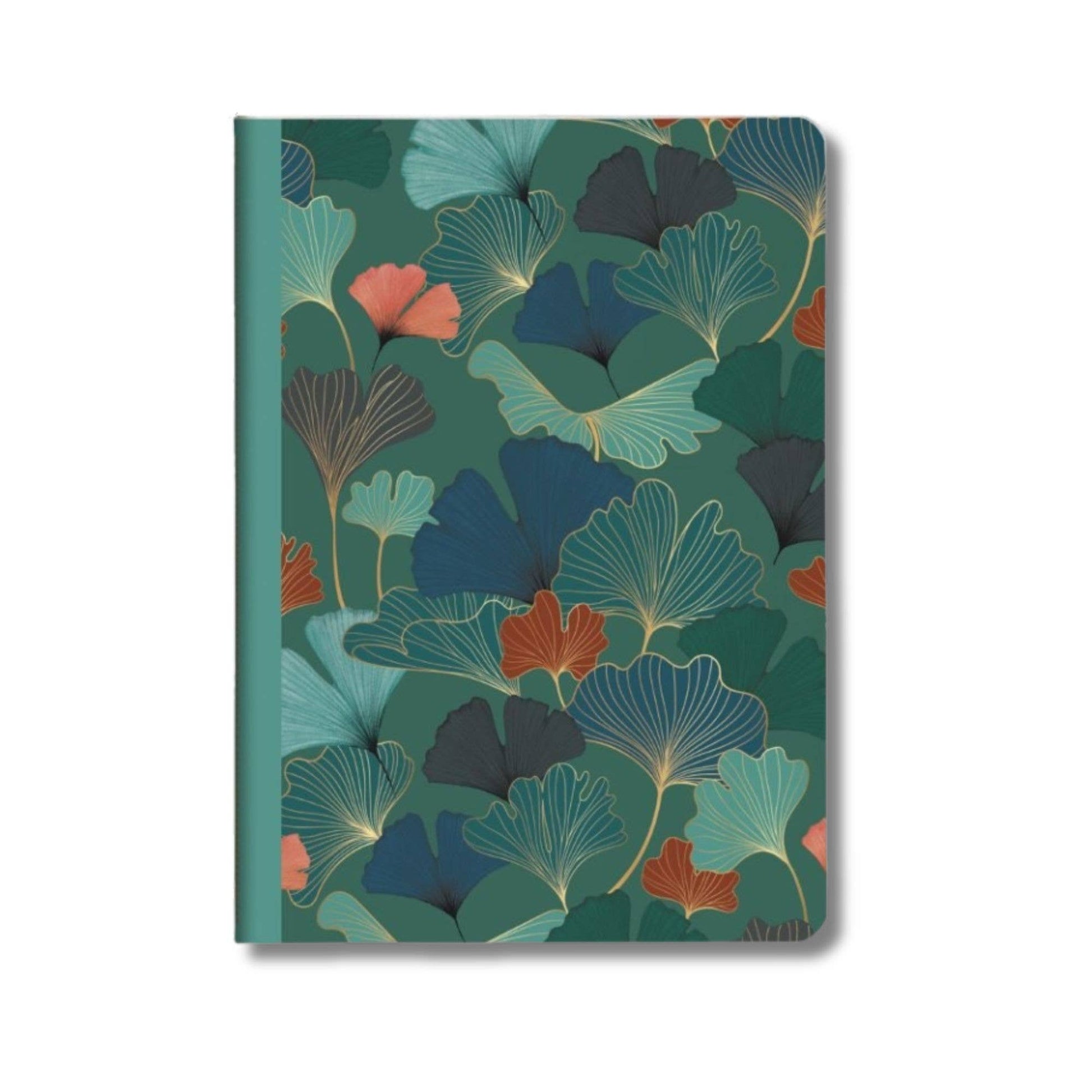 Notebook with a colorful leaf pattern on a green background