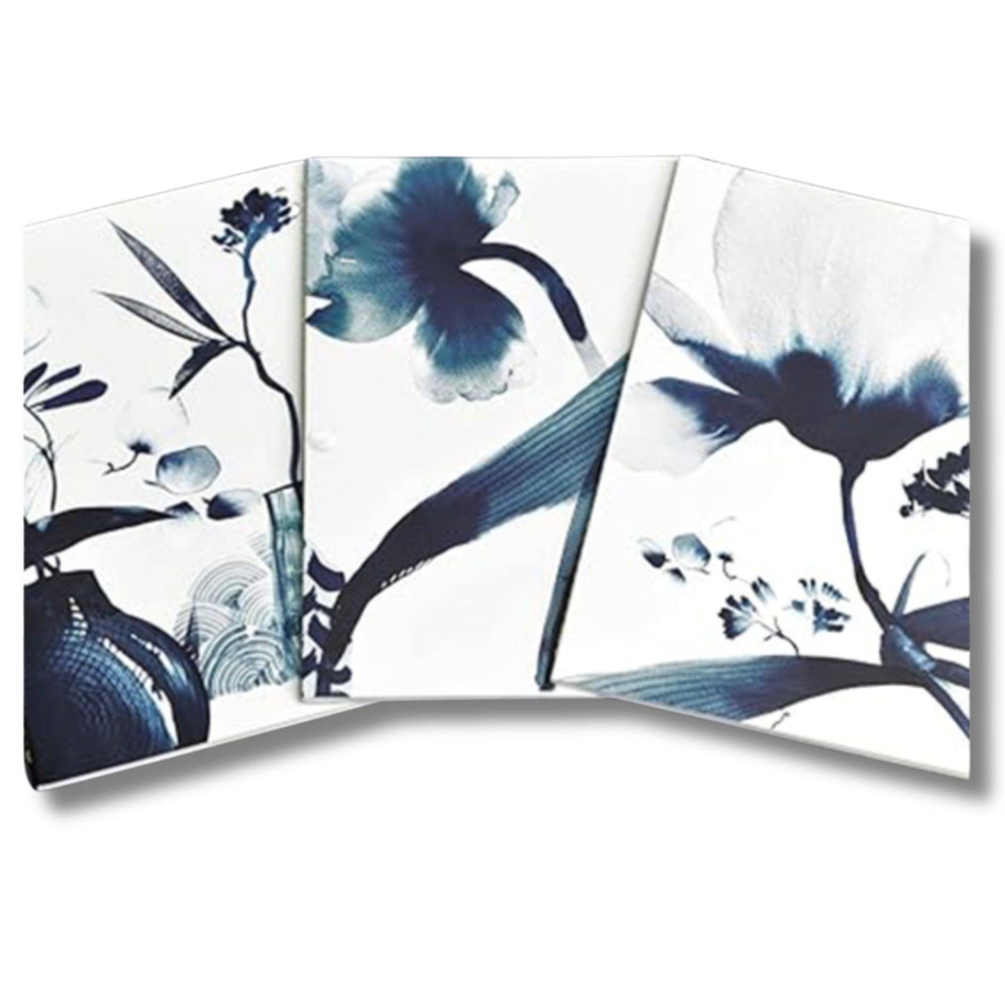Clairefontaine Inkebana Notebook Set of three decorative panels with blue floral designs on a white background
