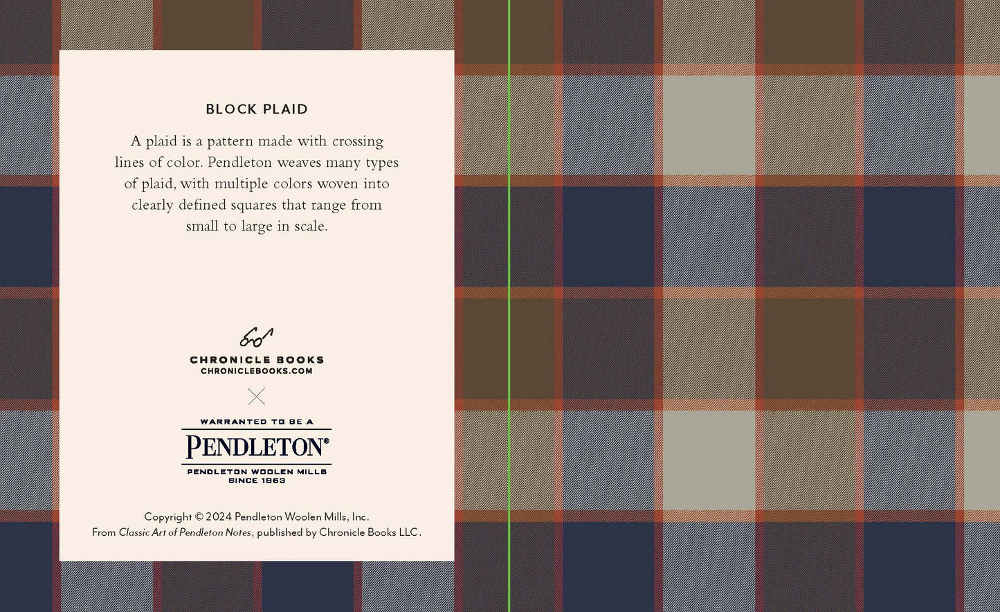Plaid pattern with Pendleton branding and text about block plaid.