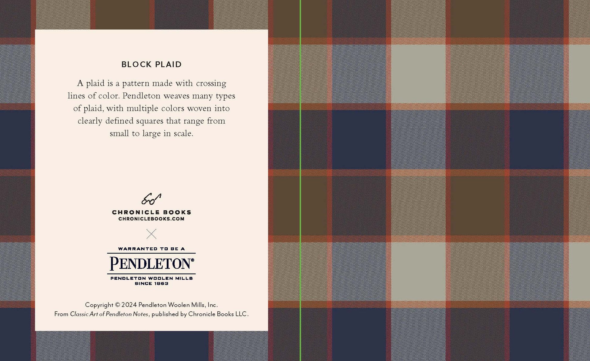 Plaid pattern with Pendleton branding and text about block plaid.