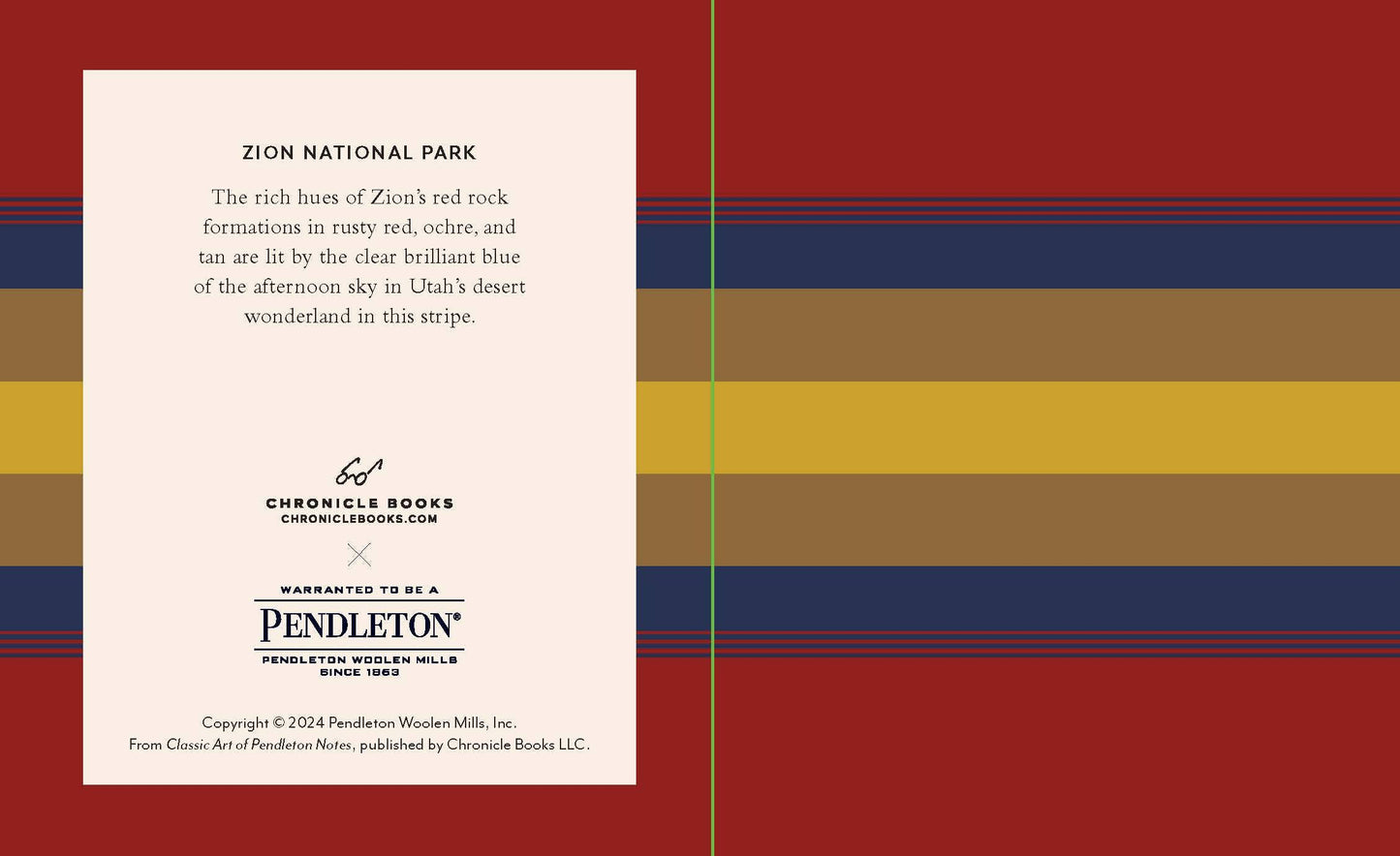 Pendleton x Chronicle Books book cover with text about Zion National Park on a striped background