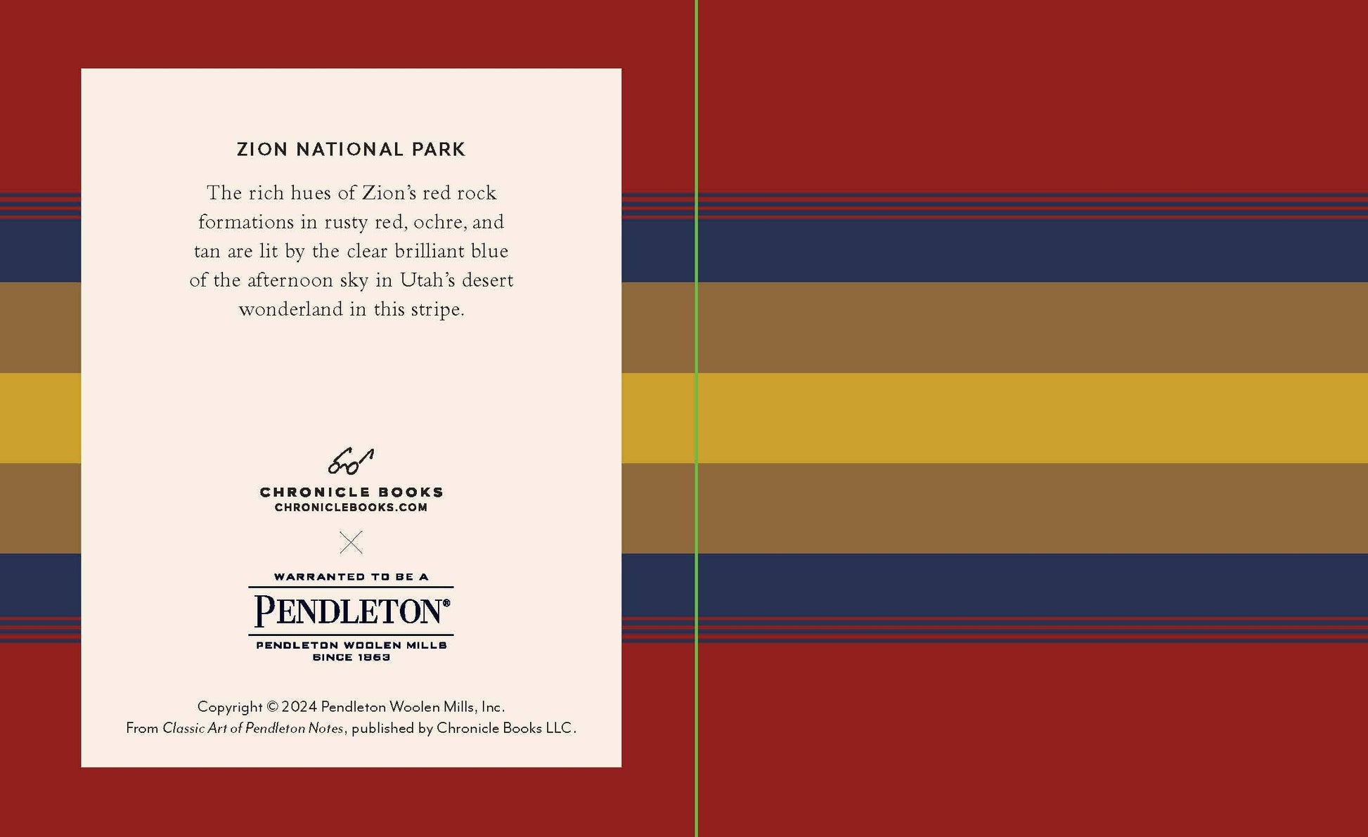 Pendleton x Chronicle Books book cover with text about Zion National Park on a striped background