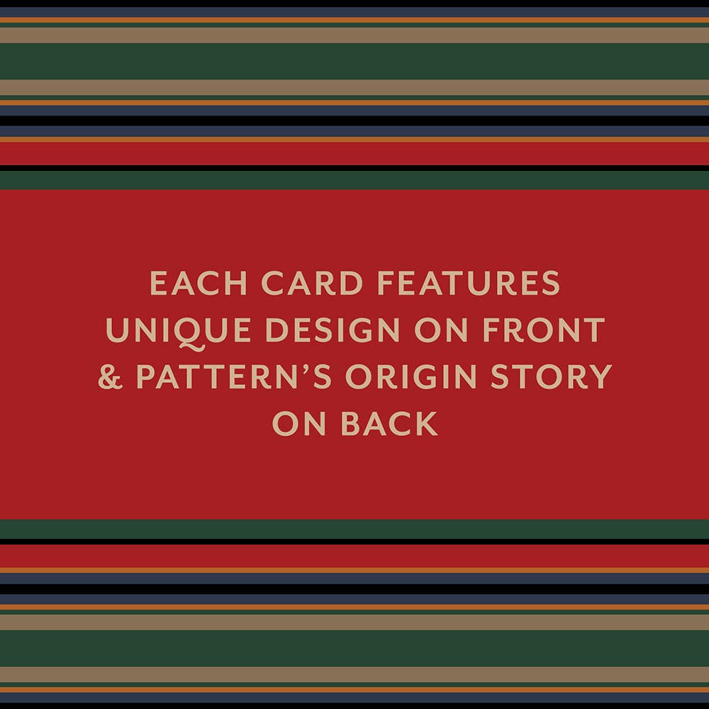Red card with text about card designs and pattern origins, surrounded by horizontal stripes.