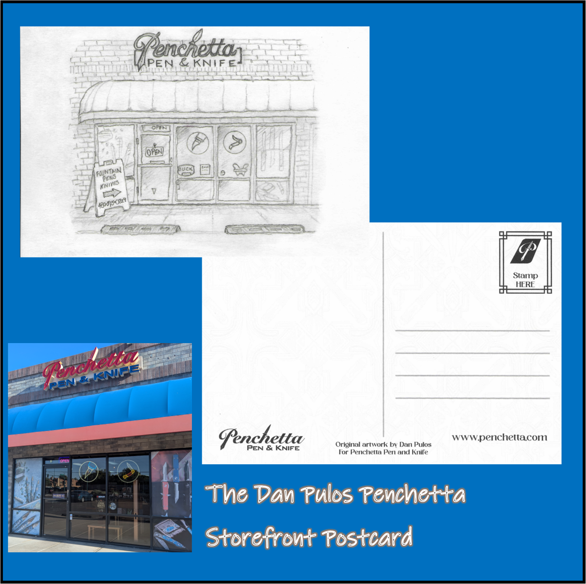 A storefront postcard designed by Dan Pulos for Penchetta Pen & Knife featuring a black-and-white sketch of the building on the front and a white postcard back with writing lines and a stamp box on the right. 