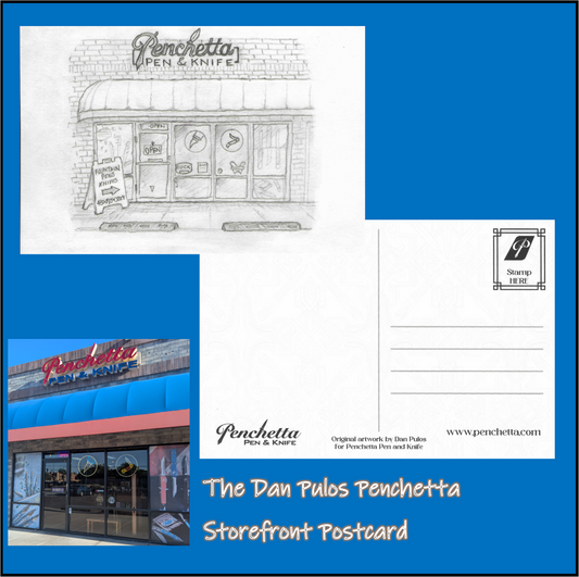 A storefront postcard designed by Dan Pulos for Penchetta Pen & Knife featuring a black-and-white sketch of the building on the front and a white postcard back with writing lines and a stamp box on the right. 