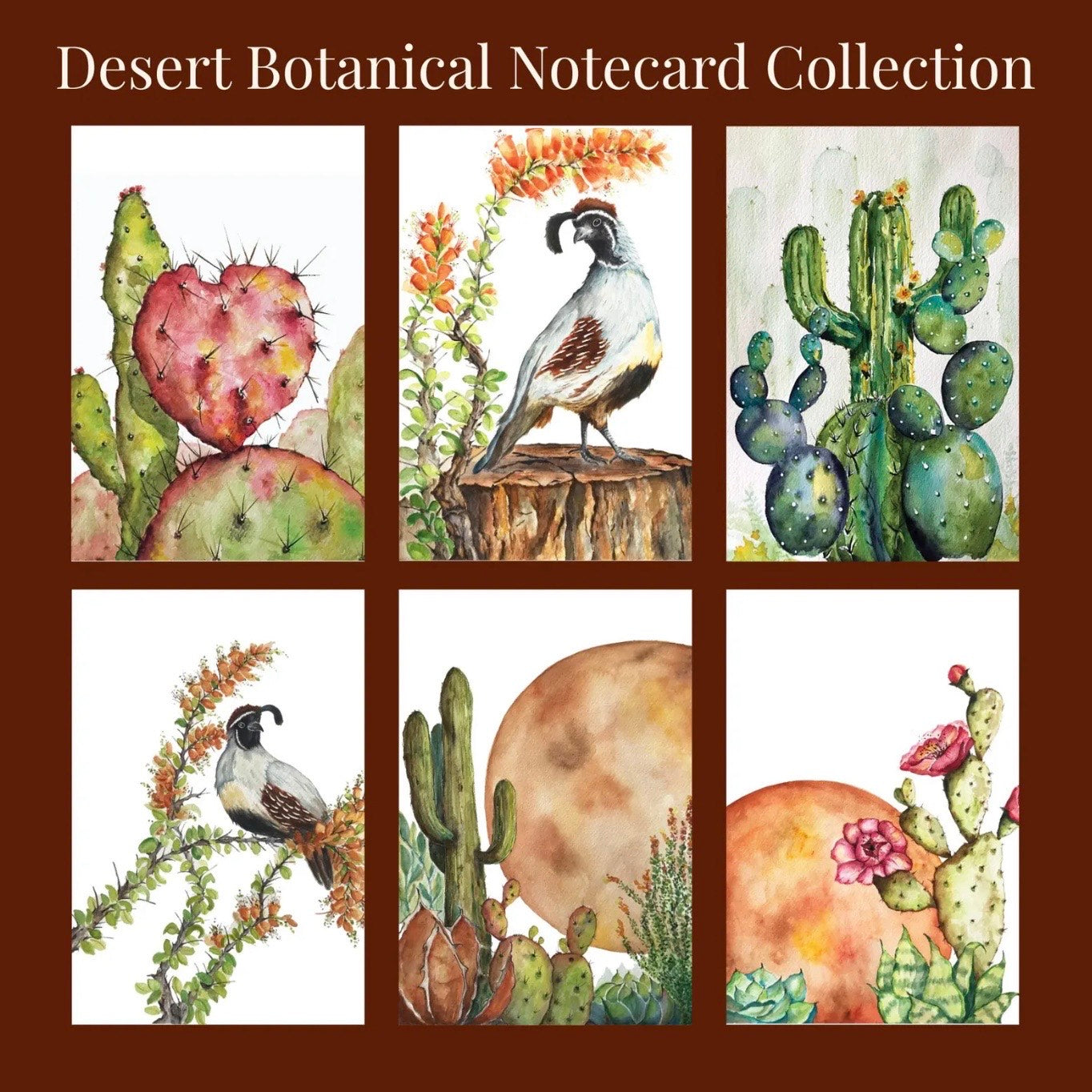 Desert botanical notecard collection with cacti, succulents, and birds on a brown background.