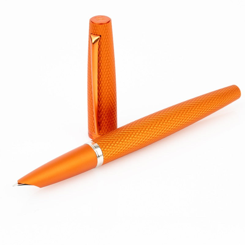 An Diplomat Viper Fountain Pen  with a matching orange cap, displayed diagonally on a clean white background.
