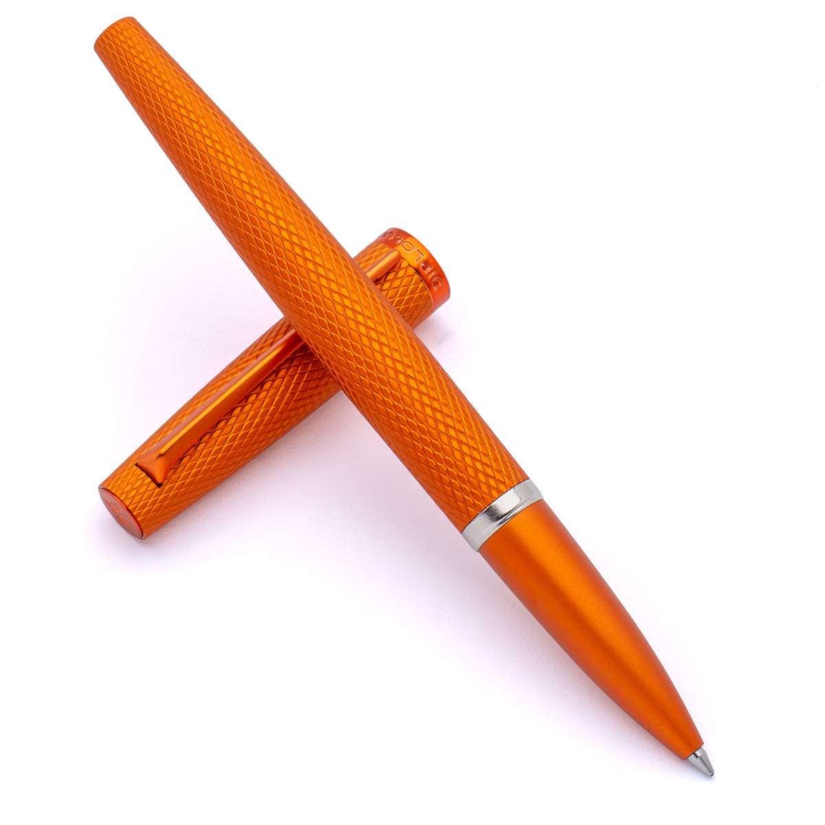 A Diplomat Viper Rollerball Pen in orange textured pen with a matching cap, displayed diagonally on a clean white background.
