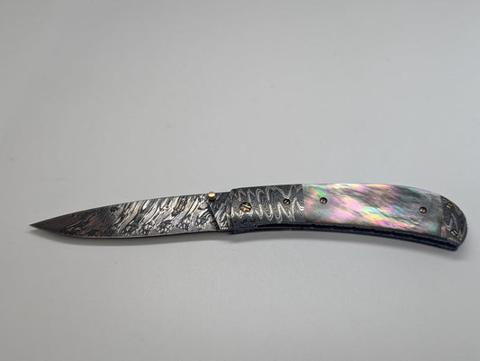 *Consignment* Don Hanson III Sunfish Forge Damascus Mother of Pearl Folding Knife