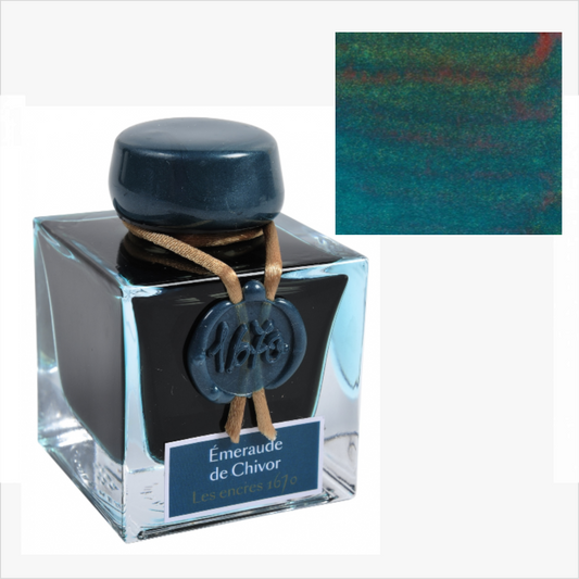Ink bottle with a close-up of ink color on a white background