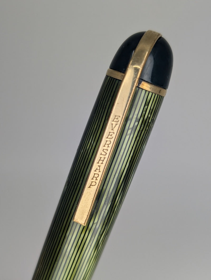 *Consignment* 1942 Eversharp Skyline Modern Green / Black Stripe Derby Fountain Pen 14k Gold Nib