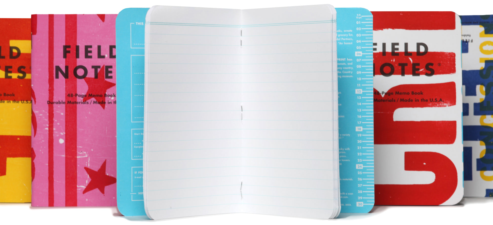 Set of Field Notes notebooks with colorful hatch  covers on a white background