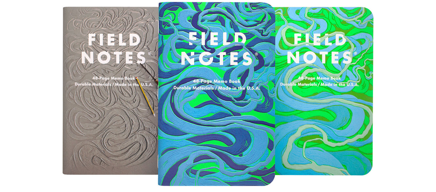 Three Field Notes notebooks with different River cover designs on a white background