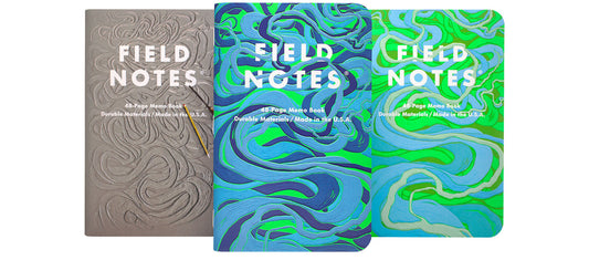 Three Field Notes notebooks with different River cover designs on a white background