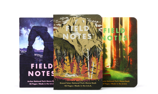 Three Field Notes notebooks with different scenic covers on a white background.
FIELD_NOTES_National_Parks_Notebook_Series D Grand Teton National Park, Arches National Park, Sequoia National Park