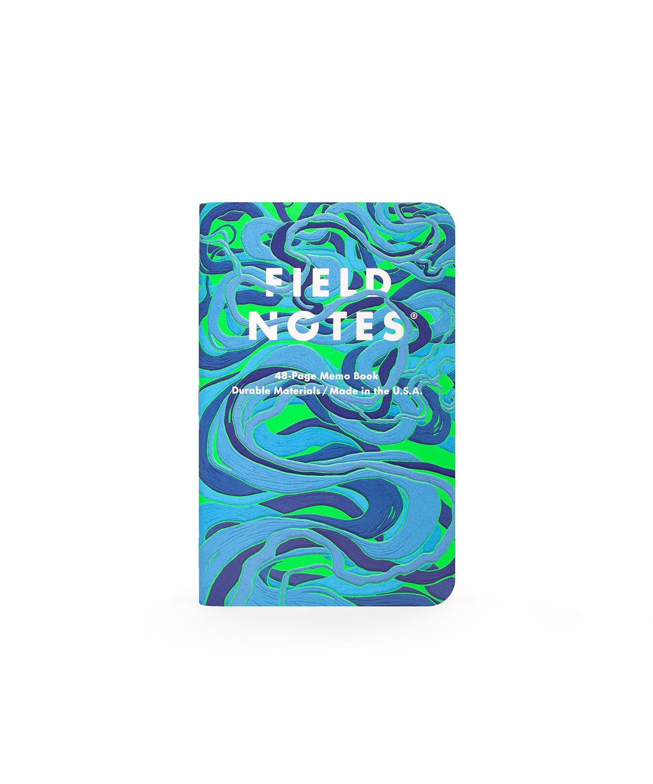Field Notes notebook with blue and green abstract design on a white background